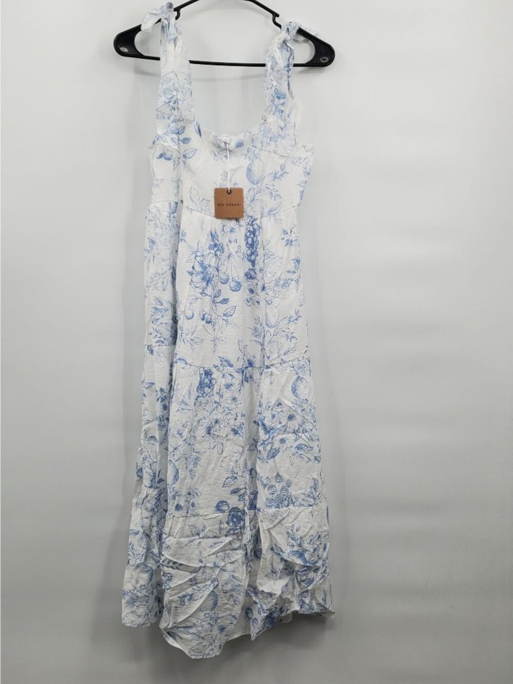 Blu Pepper Ribbon Tie Strap Midi Dress Women Size Medium NWT Blue Ivory Floral